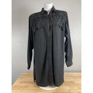 Vtg Naga By Milo Womens Black Beaded Lace Button Shirt Sz S Tunic Rockabilly